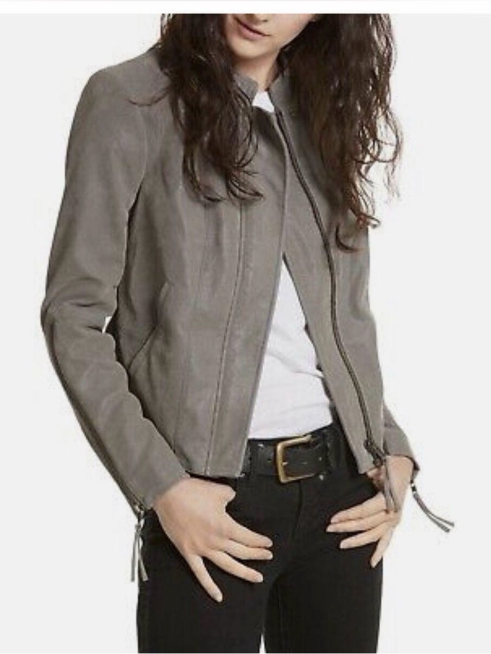Free People Gray Leather Moto Jacket xs estimated